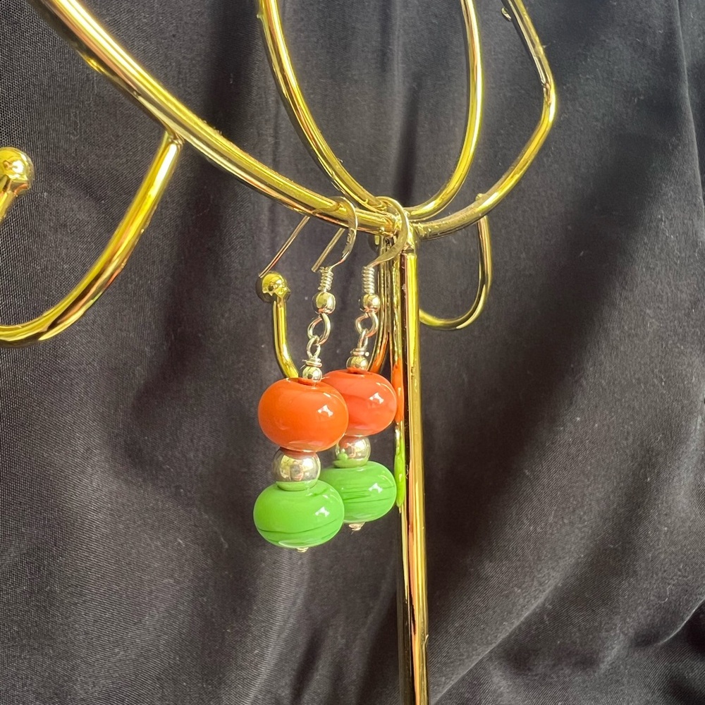 Lampwork Sterling Silver Orange and Green Drop Earrings - Picture 3 of 4